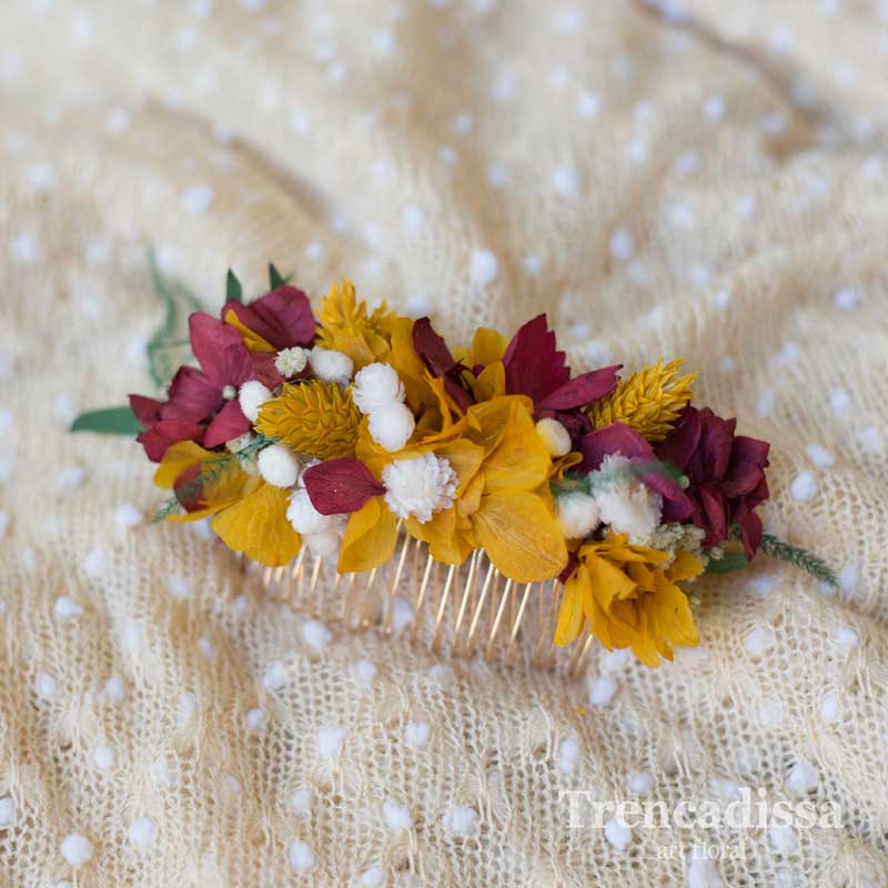 Peineta con flor preservada en tonos ocres y granates, venta online desde Barcelona