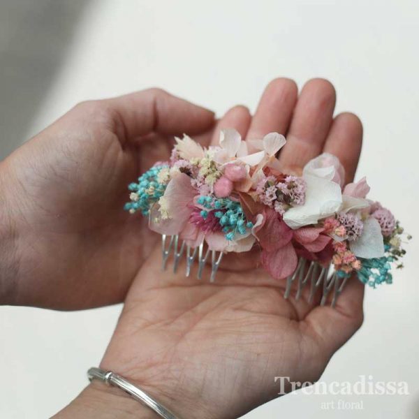 Peineta de flor preservada en tonos blancos, rosas y turquesa, venta online