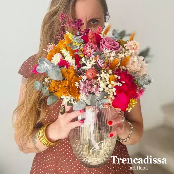 ramo preservado eucalipto cinerea preservado hortensia ocre, fucsia y rosa rosa preservada gipsophyla preservada inmortales achillea lagurus cetaria bloom limonium